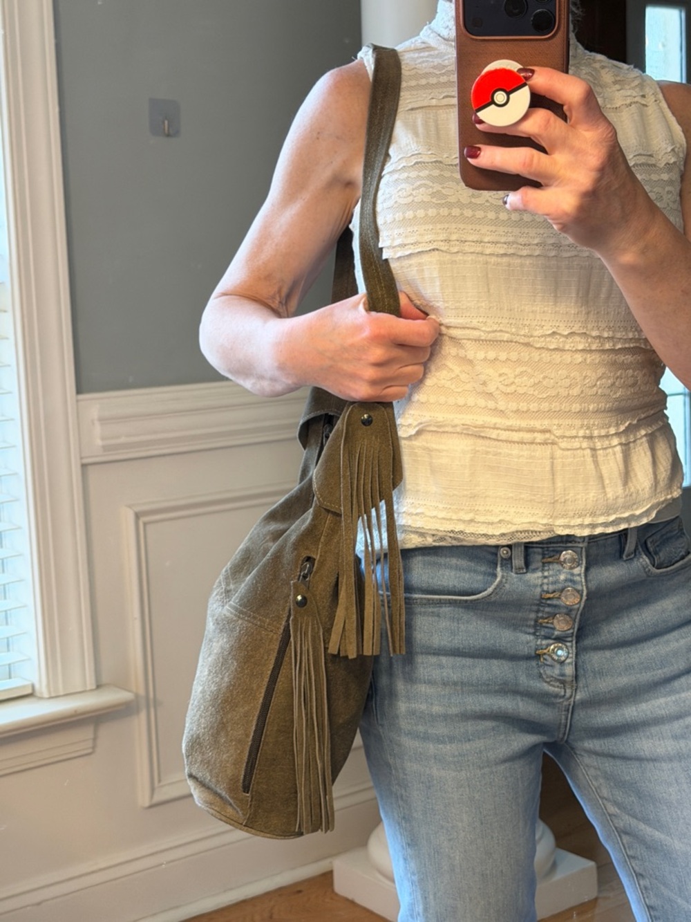 Vintage Boho Western Suede Leather Fringe Shoulder Bag Olive Green - Picture 9 of 17